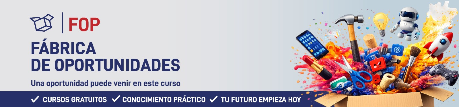 izquierda el logo de fabrica de oportunidades. a la derecha una caja que se abre y salen herramientas